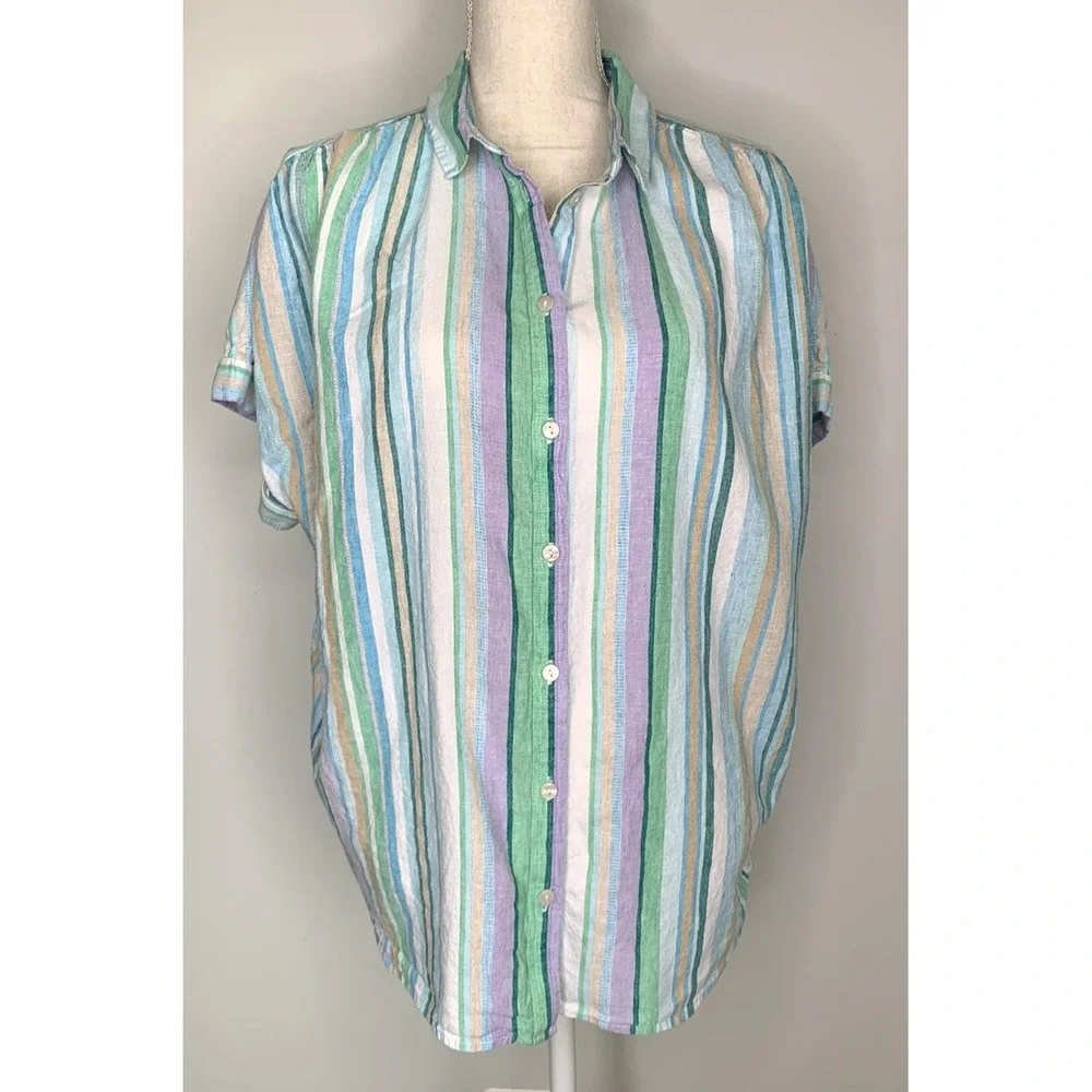 Blouse Shirt Womens XL 16-18 Linen Striped Cottagecore Vacation Time & Tru - Picture 3 of 7